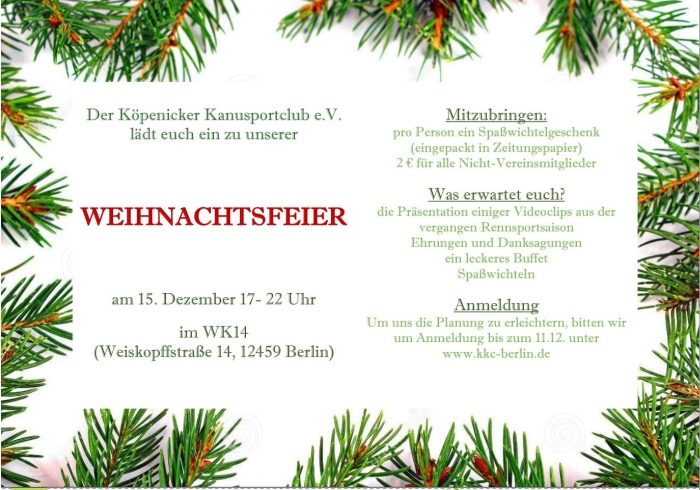 Einladung Zur Kkc Weihnachtsfeier 15 12 17 Uhr Kopenicker Kanusportclub E V